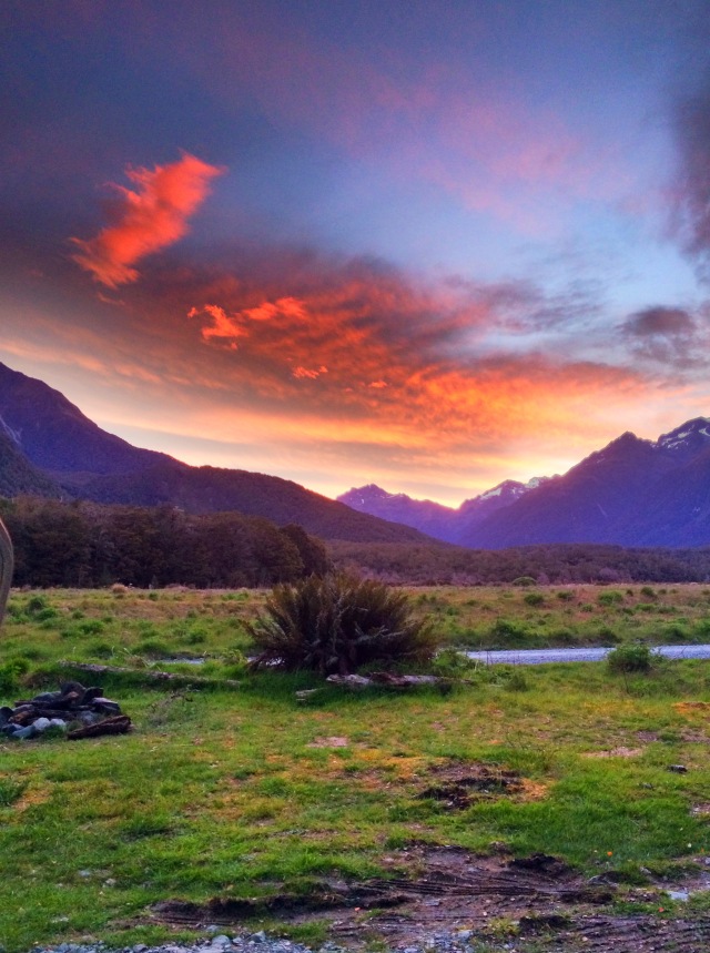 sunset at Cascade Creek campsite, near Milford Sound, New Zealand