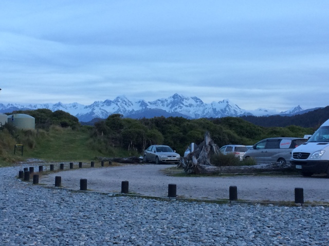 the view and the car camp at Gillespies Beach, near Fox Glacier